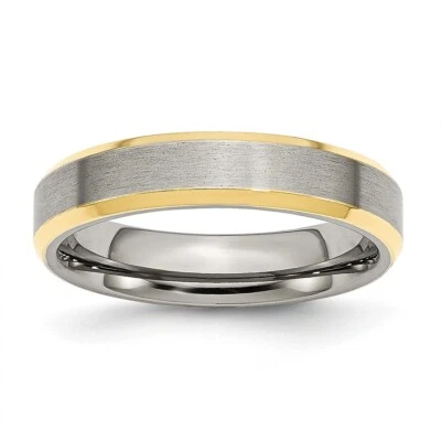Stainless Steel Beveled Edge 5mm Brushed/Polished Yellow IP-plated Band Ring - Image 1 of 4