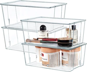 4 Pack Clear Plastic Storage Organizer Bins with Lids Home Office Kitchen Cabine - Picture 1 of 12