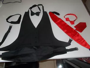 Men's Black Tuxedo Vest Open Back Black & Red Cummerbund & Bow Ties Other Pcs. - Picture 1 of 9