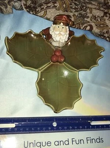 Three Part Holly Leaf's --Trinkets Or Candy Dish -With Santa Holiday Ceramic - Picture 1 of 10