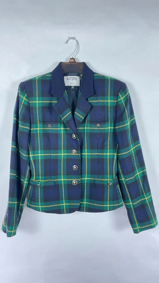 Vintage Kasper For A.S.L. Blazer Size Medium Green Blue Wool Jacket Plaid Sz 4. - Image 1 of 4