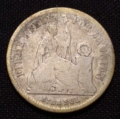 1869 peru 1/5 sol vg f 20 centavos 2 dinero key date liberty silver type coin - Image 1 of 2