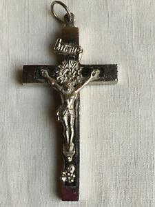 Vintage French Metal and wood inlay, skull and crossbones Nun's Pectoral Cross