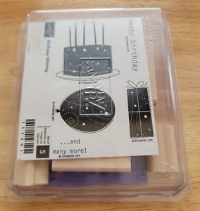 NEW Stampin' Up! BIRTHDAY WHIMSY Set 5 Rubber Wood Stamps CAKE PRESENT BALLOON - Picture 1 of 3