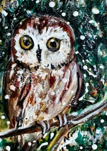 ORIGINAL Sägemehl EULE ACEO GEMÄLDE Winter VOGEL Schnee Eulen Tier Natur ATC ART - Bild 1 von 1