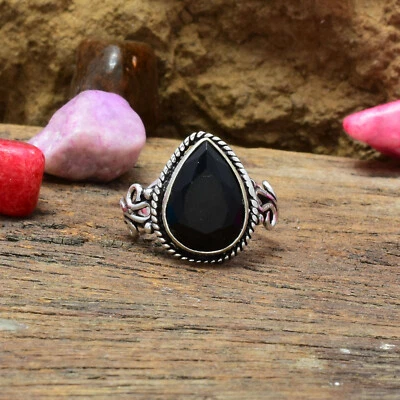 Elegante Onice Nera Gemma 925 Argento Sterling Handmade Anello Tutte le Misure - Immagine 1 di 3