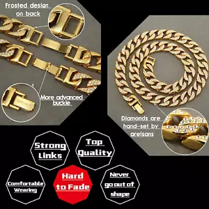 Miami Mens Cuban Link Chain Silver Gold Plated Bling Cuban Necklace Diamond C... - Picture 1 of 12