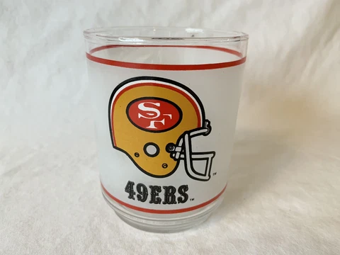 San Francisco 49ers NFL Frosted White Drinking Glass Tumbler 4" Mobil Vintage Cover