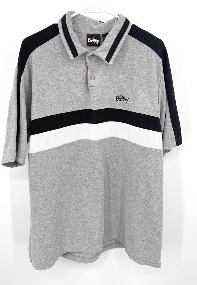CAMISA POLO BAD BOY Vintage Años 90 Plateada Negra Logo Bordada Talla L Foto 1 de 4