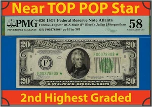 1934 $20 Federal Reserve Note PMG 58 rare 2nd finest Atlanta star Fr 2054-Fdgsm* - Picture 1 of 4