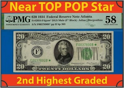 1934 $20 Federal Reserve Note PMG 58 rare 2nd finest Atlanta star Fr 2054-Fdgsm* - Image 1 of 4