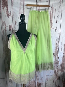 Vtg 50's 60's Glydons Lingerie Green Pant Set Lace Trim Size Petite S/M Wide Leg - Picture 1 of 20