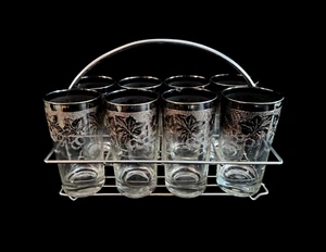 Dorothy Thorpe Style Grape Vine Silver Hombre High Ball TUMBLER & CADDY Set of 8 - Picture 1 of 7