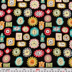 Clocks by Johansen Newman for Elizabeth's Studio Black Cotton by the HALF YARD - Picture 1 of 2