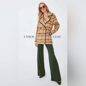 CABI Ethos Coat in Rust Orange Camel Brushed Plaid with Vegan Leather Pipe LARGE - Picture 1 of 6