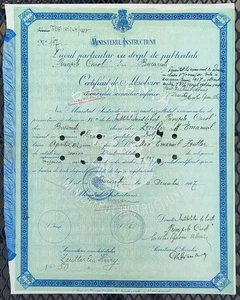 Romania, 1927, Vintage Graduation Certificate/Diploma - Prince Carol Highschool - Picture 1 of 2