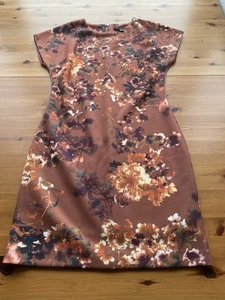 MNG Collection Size M 10-12 Brown Floral Stretch Shift Dress Short Cap Sleeve - Picture 1 of 8