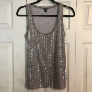 ANN TAYLOR Small Petite Brown White Sequin Tank Top Striped Bling Layering - Picture 1 of 4