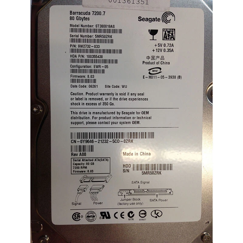 0Y9646 - Dell 80GB 7200 RPM SATA 3.5" HDD Seagate 9W2732-033 version - Image 1 of 1
