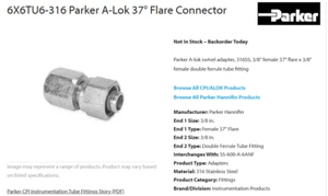 AN Adapter 3/8” Tube X 3/8” Female AN Flare 6X6TU6-316, SS-600-A-6ANF [OF56 - Picture 1 of 13
