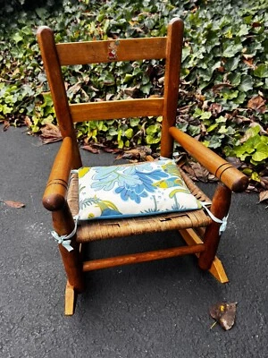 Vintage Child’s Wooden Rocking Chair Betsey Clark Decal Woven Seat Cushion - Image 1 of 4