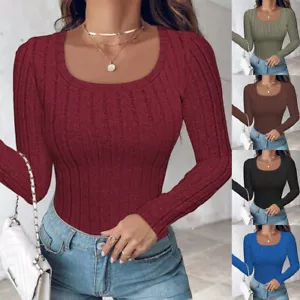 Women Ribbed Long Sleeve T Shirt Tops Ladies Casual Slim Fit Blouse Pullover Tee - Picture 1 of 22