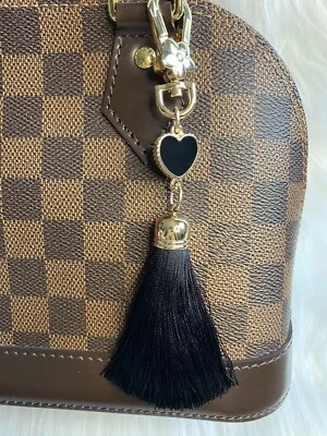 Heart Tassel Bag Charm Keychain Key Fob Metal Stone Keyring Gold Black - Image 1 of 3