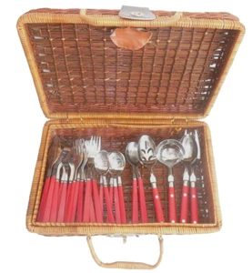 Rattan Wicker Picnic Basket Suitcase w/ 26 PC Utensils Style Unlined Rectangular - Picture 1 of 17