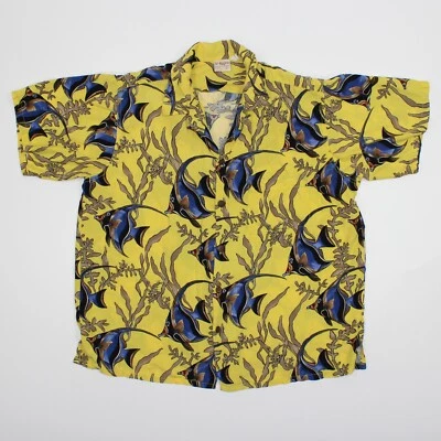 Camisa Aloha GO BAREFOOT Vintage Hawaiana Amarilla y Azul Angel Fish Talla L Grande Foto 1 de 4