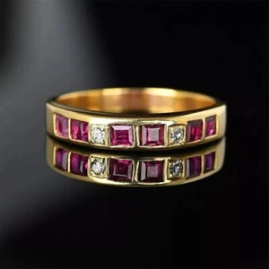 Princess Cut Simulated Red Ruby Beautiful Wedding Ring In 14k Yellow Gold Plated - Picture 1 of 5