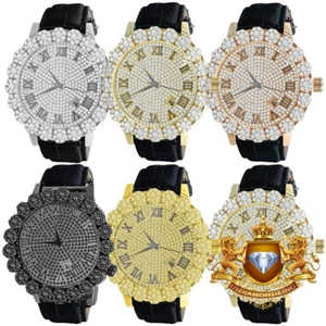 Roman Numeral 18K Gold Tone Genuine Leather Band Men's Flower Custom Watch 52mm - Picture 1 of 17