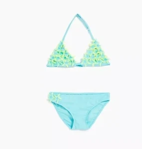 Zara 2Tone Bikini SwimSuit Turquoise Aqua Neon Green Stars Appliqué Sz 13-14 - Picture 1 of 9