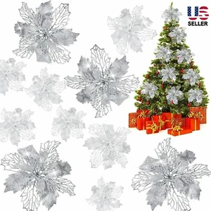 10PCS Christmas Poinsettia Glitter Flower Hanging Xmas Party Tree Decoration Hot - Picture 1 of 17