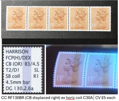 GB Machin 13p CB Displaced Right ex horiz coil C30A  CC RF130BR,  CV £5 each - Image 1 of 2