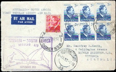 1952 Australia–South Africa First Regular Direct Air Mail Cover - Image 1 of 2