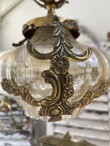 Vintage Glass Pendant Light Shade, Lovely Brass Detail Unusual Old Light Fitting - Picture 1 of 10