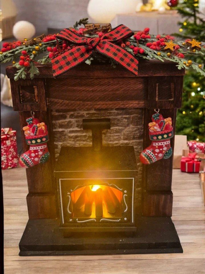 Dolls House Rustic Fireplace with Christmas Decorations and Working Fire OOAK UK - Image 1 of 3