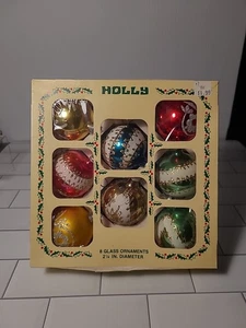 Vintage Stechpalme Glas Weihnachtsschmuck 1,75" 8er Set Hergestellt in den USA OVP K - Bild 1 von 7
