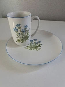 Vintage Takahashi 7,75" Salatteller mit 4,25" Teetasse mit blauen Wildblumen - Bild 1 von 7