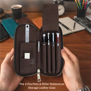 Leder Füllfederhalter Etui Stiftetui 4 Stifte Aufbewahrungstasche - Bild 1 von 8