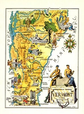 Mapa del estado de Vermont de colección de la década de 1940 mapa animado de Vermont mapa con imagen 8974 Foto 1 de 3