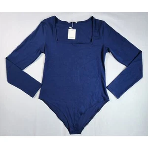 Square Neck Long Sleeve Slim Fit Bodysuit Womens Size Large Navy Blue - Picture 1 of 6