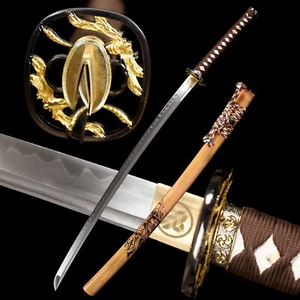T10 Clay Tempered Japanese Samurai Katana Sword Real Hamon Full Tang Dragonfly - Picture 1 of 14