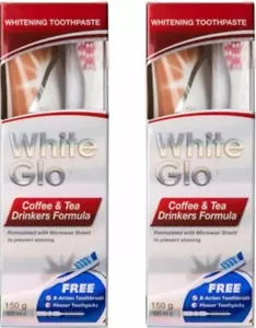 2 Tubes White Glo Coffee & Tea Drinkers Formula Toothpaste with Free Brushes - Picture 1 of 5