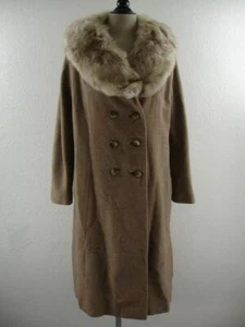 Vtg 1960's Womens L Brown 100% Cashmere Double-Breasted Long Coat Fox Fur Collar - Picture 1 of 15