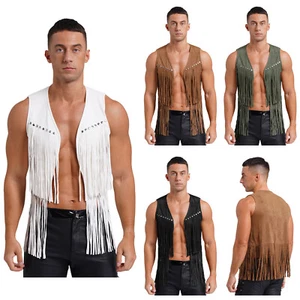 Mens Waistcoat Fashion Vest Steampunk Jacket Costume Western Suede Cowboy Faux - Picture 1 of 52