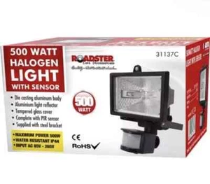 500W HALOGENLEUCHTE MIT SENSOR SICHERHEIT AUSSEN GARTEN ALARM PIR FLUTER - Bild 1 von 1
