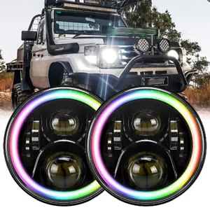 Pair 7" LED Headlights RGB Halo DRL for Toyota Landcruiser HZJ75 78 79 Series - Picture 1 of 12