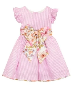 NWT Rare Editions Baby Girls 12 Months Pink Stripe Floral Bow Dress Panties Set - Picture 1 of 2