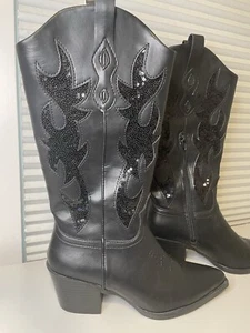 Women’s Wild Pair Brand Cowboy Western Black Vegan Leather Sequin Boots - Picture 1 of 19
